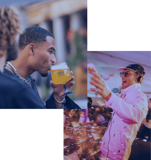 A set of 2 images overlapped. One showing a man sipping on a pint of beer and the other is a DJ with his arms spread out playing to a crowd wearing a white jacket