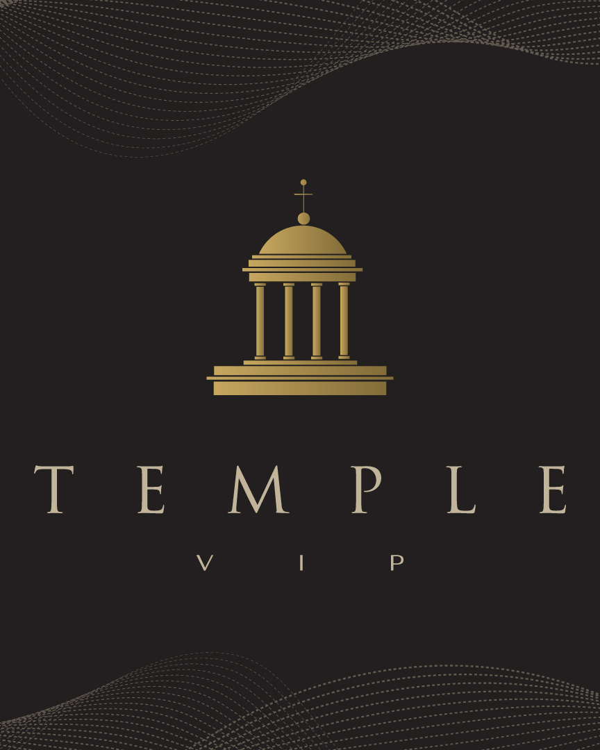 graphic of gold logo on black background for Temple