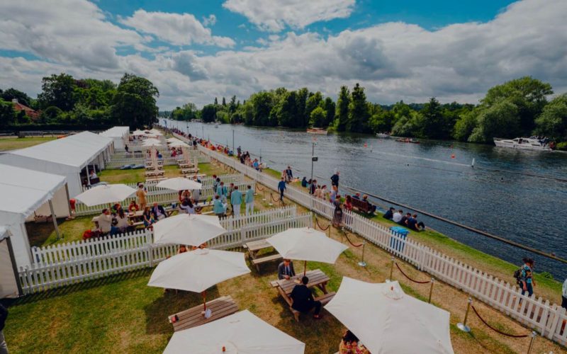 Birdseye view of hospitality pavilions situated along the Thames along the Henley banks during henley royal regatta